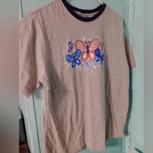 Butterfly Print 4th Of July T Shirt - Gray NWOT